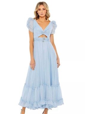 Mac Duggal Tiered Metallic Ruched Shoulder Dress